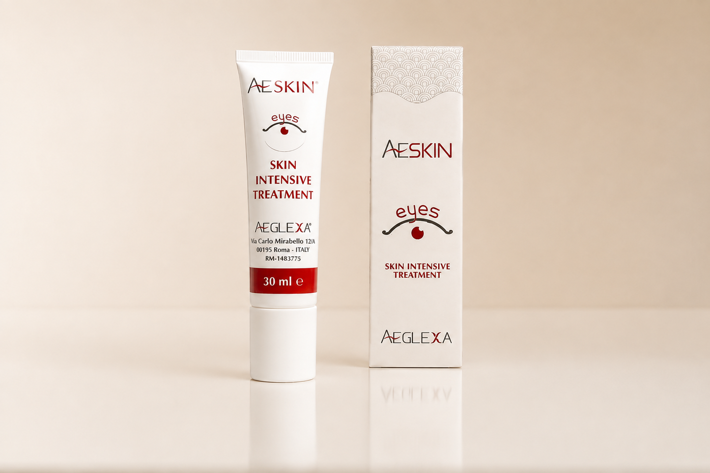 AESKIN Eyes contorno occhi 30 ml — tubetto e astuccio affiancati su fondo neutro beige