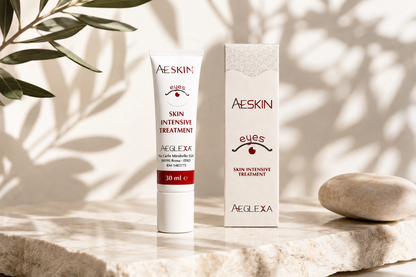 AESKIN Eyes 30 ml — tubetto e astuccio su lastra di pietra con ramo d'ulivo