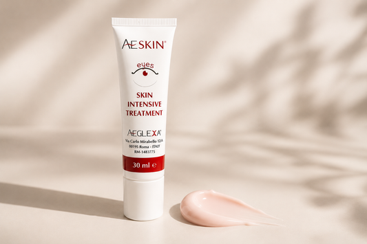 Tubetto AESKIN Eyes contorno occhi 30 ml accanto a una goccia di crema dalla texture rosa
