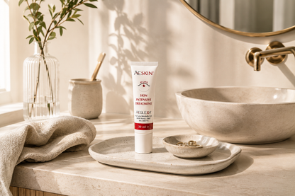 Tubetto AESKIN Eyes 30 ml su vassoio di ceramica in un bagno con rubinetteria in ottone